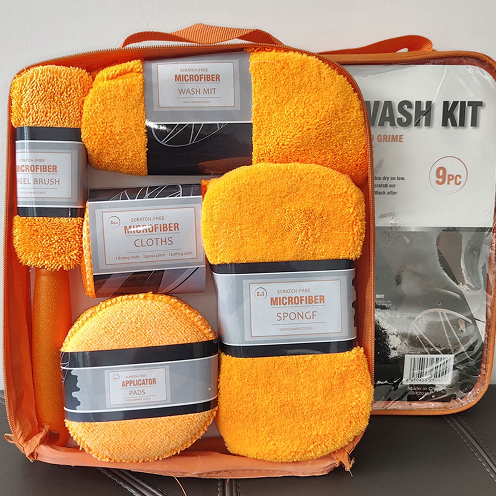 Comprehensive 9-Piece Vehicle Wash Kit, Car Cleaning Kit with Microfiber Cloth Polishing Pads and Soft Bristle Tire Brush, Ultimate Car Care Detailing Supplies for Interior Exterior
