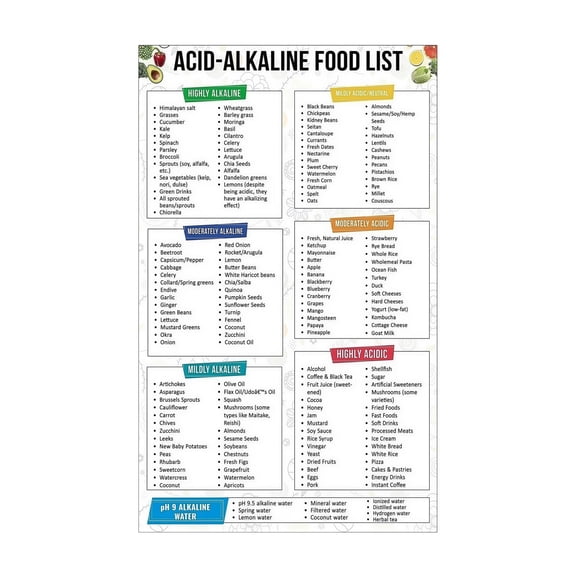 Comprehensive Acid Alkaline Food Chart pH Balance Diet Guide Digestive Health Grocery List Nutrition Chart Wall Art for Home Kitchen Decor