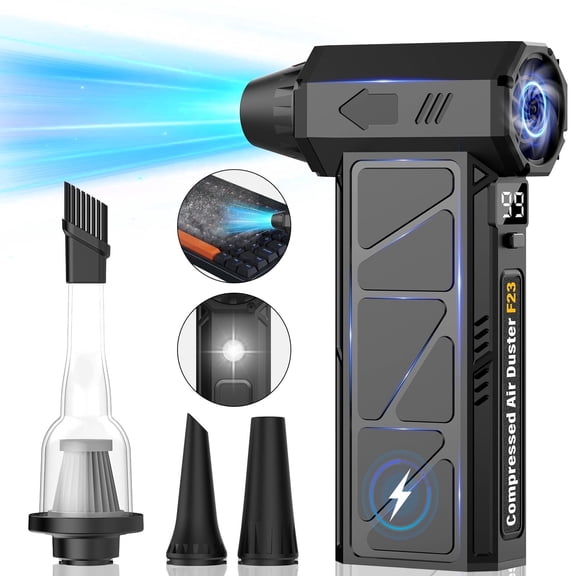 Compressed Air Duster, 200000RPM Cordless Electric Air Duster, Brushless Motor, 4-Speed Adjustable, LED Light & Battery Display, 4 Nozzles for Keyboard, Computer, Car, Home, Outdoor
