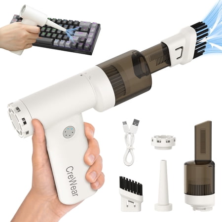 CreWear 2-in-1 Compressed Air Duster and Mini Vacuum, 11000 RPM Cordless Rechargeable Electric Blower with LED Light for Keyboard, Computer and Car