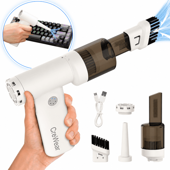 CreWear 2-in-1 Compressed Air Duster and Mini Vacuum, 11000 RPM Cordless Rechargeable Electric Blower with LED Light for Keyboard, Computer and Car