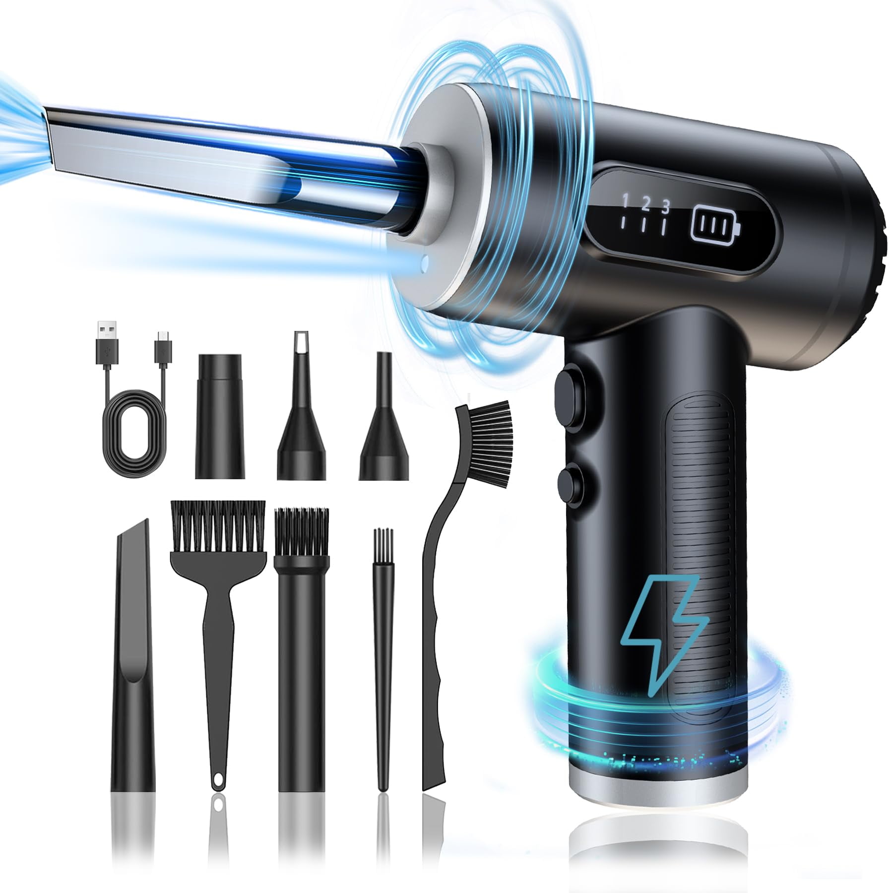 Compressed Air Duster, Mini 3-Gear Dust Blower for Office & Home Cordless Car Dusters Kit - 50000 RPM 6000mAh Rechargeable with LED Light Display