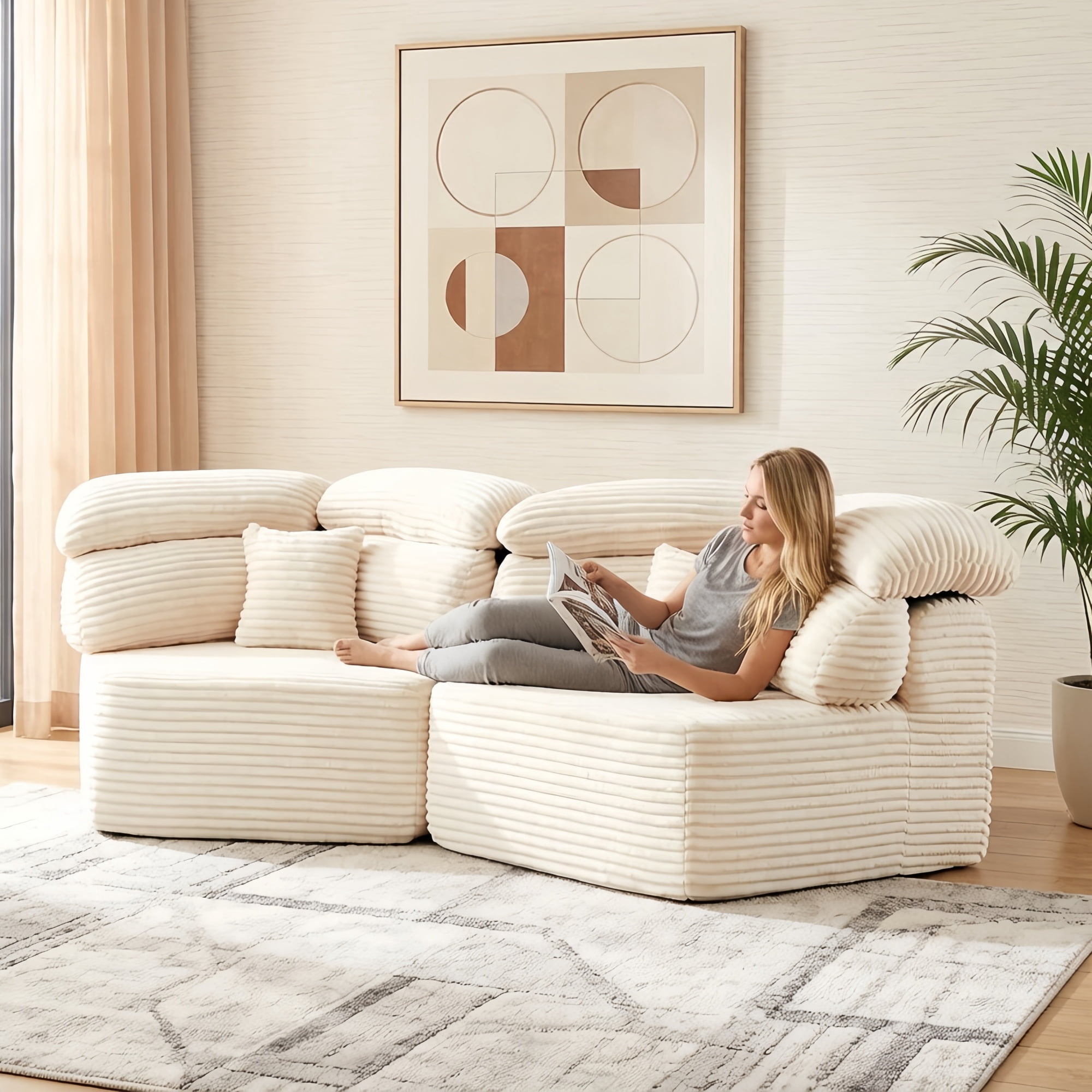 Compressed Boneless Floor Sofa, Modular Couch with Multi-Cushion Backrest, Upholstered Futon Loveseat, Accent Armchair Set of 2