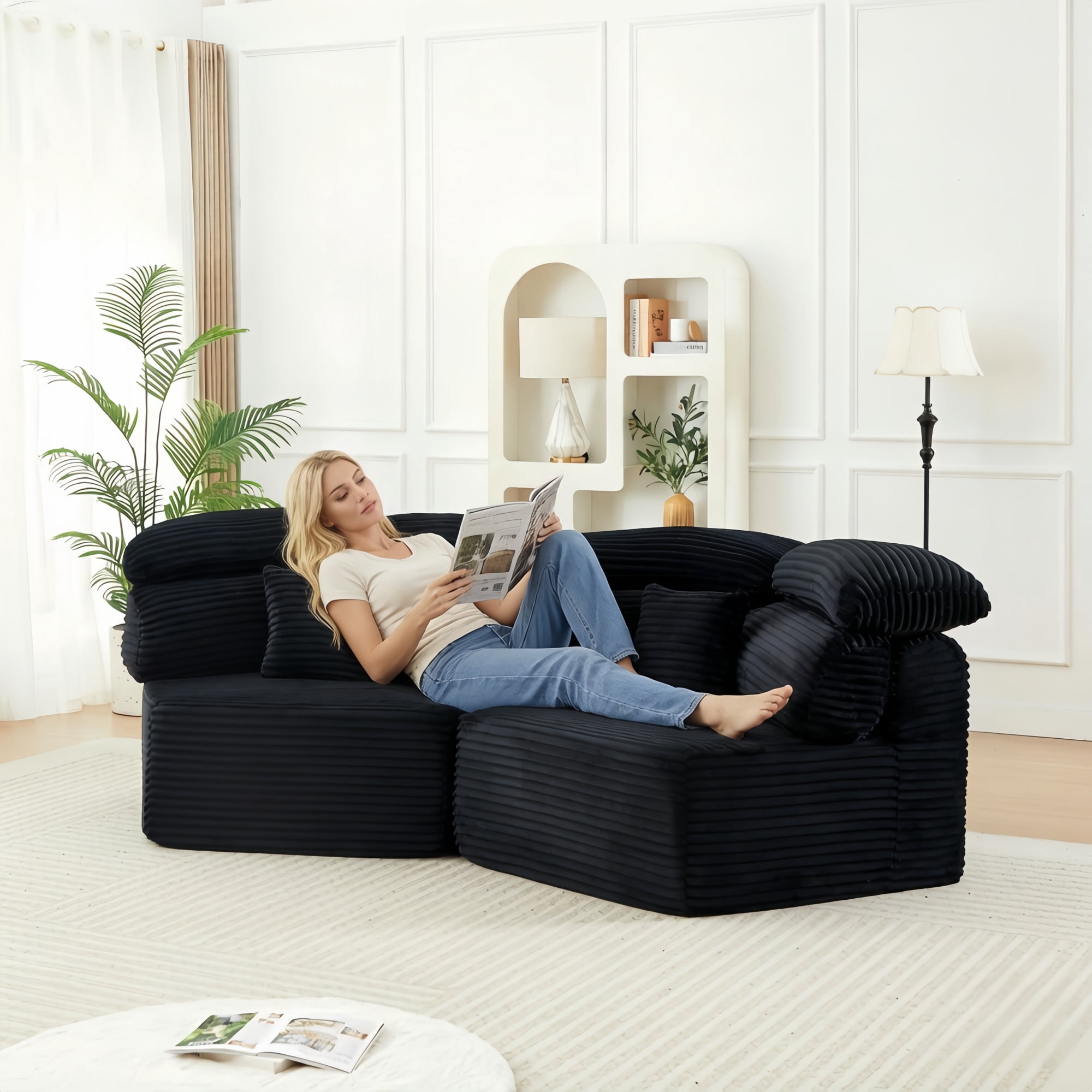 Compressed Boneless Floor Sofa, Modular Couch with Multi-Cushion Backrest, Upholstered Futon Loveseat, Accent Armchair Set of 2