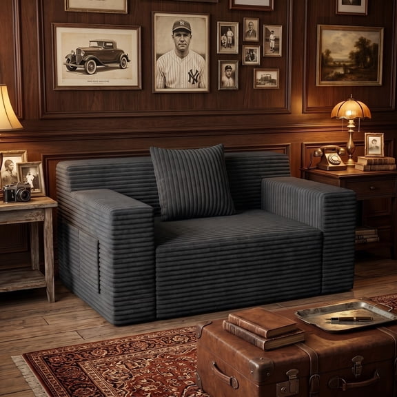 Compressed Boneless Sofa Chair, Black Corduroy Single Accent Chair with Square Arm, No Assembly