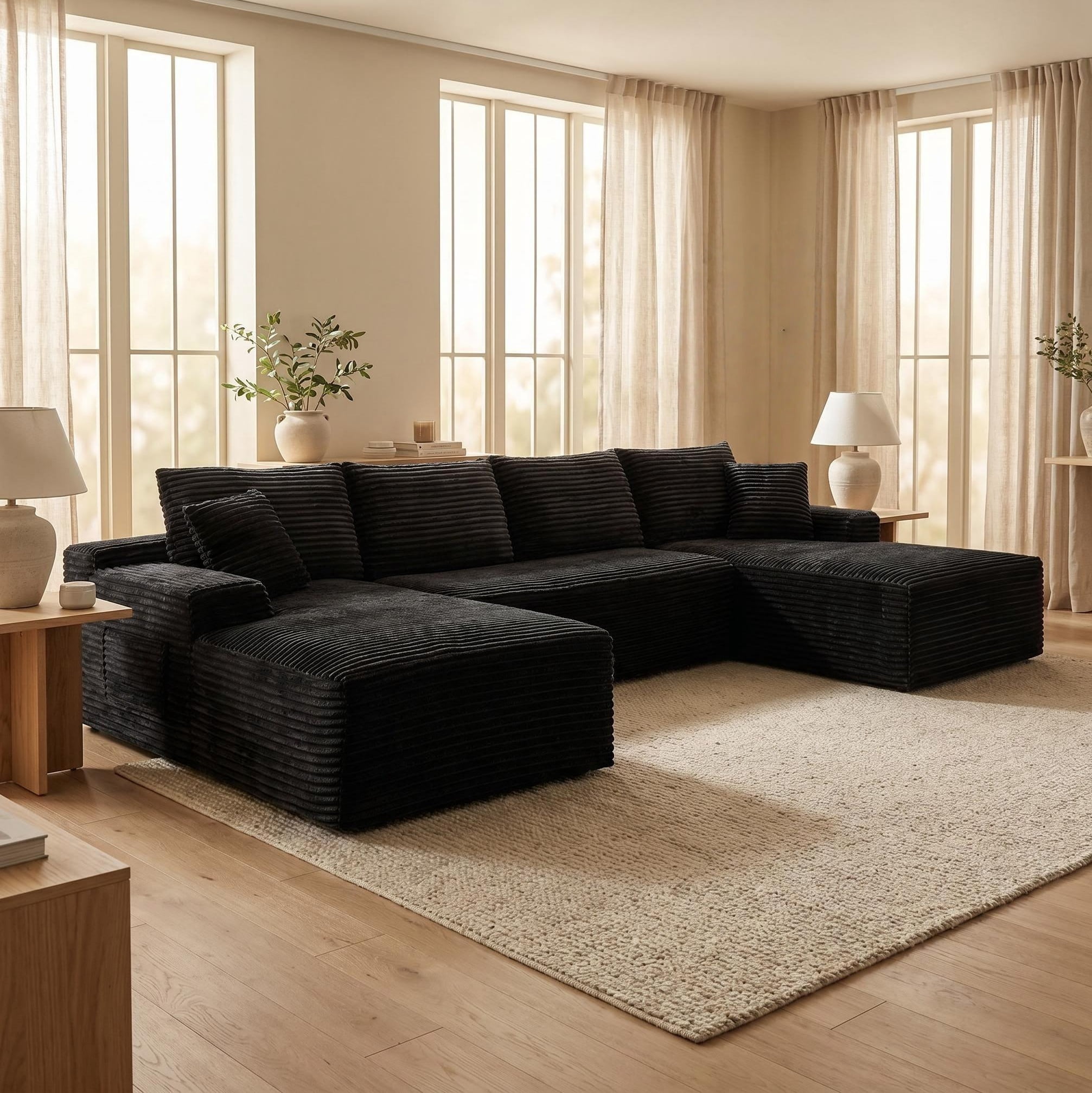Compressed Boneless Sofa Set with Chaise Lounge, Upholstered Corduroy Couch for 5-6, U-Shaped Modular Sectional Sofa