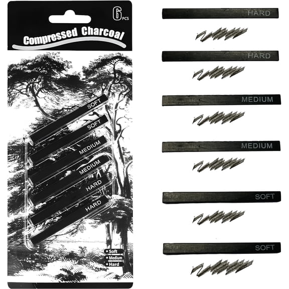 Compressed Square Vine Charcoal Sticks with 2 Soft, 2 Medium, 2 Hard 6 Pieces