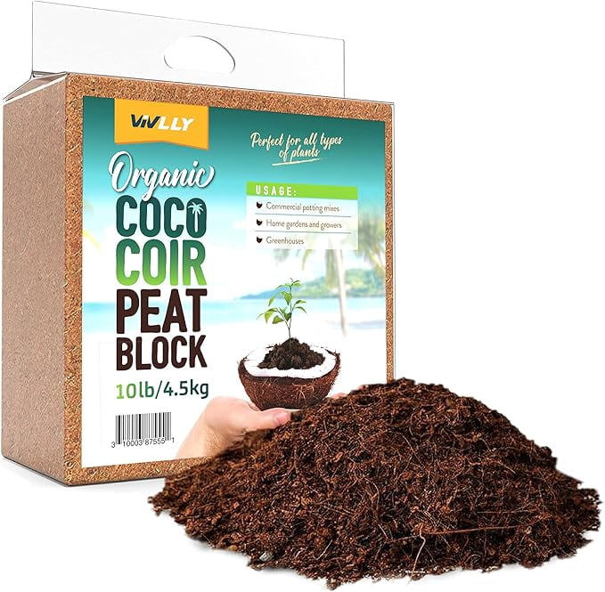 Compressed Coco Coir Block 10 Pounds, Natural Seed Starter with Low EC and pH Balance, Enhance Root Growth in Herbs, Flowers, and House Plants, Organic with High Expansion - by Vivlly