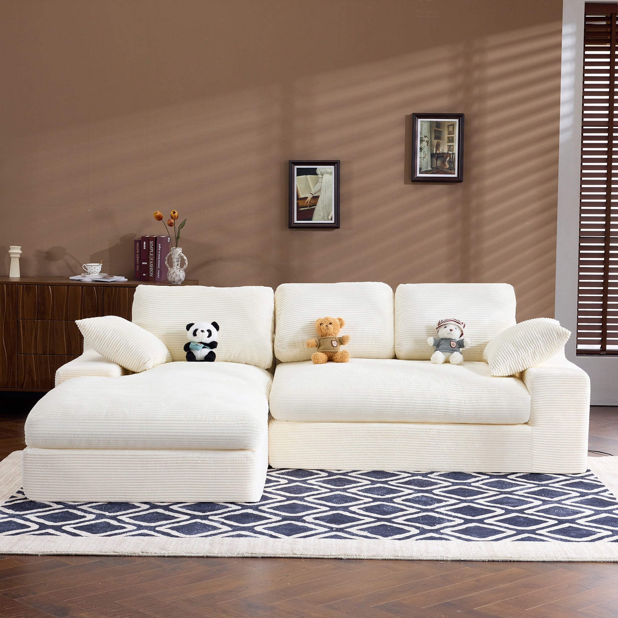 Compressed Corduroy Sofa with Back Pillows and Throw Pillows, 98-Inch L-Shaped Couch for Living Room, No Assembly Required, White