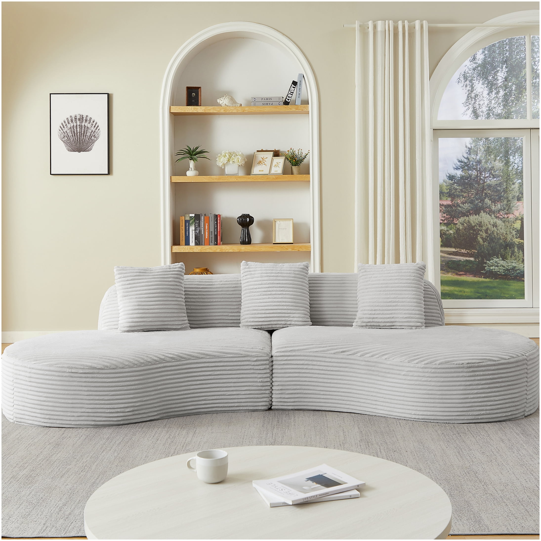 Compressed Curved Corduroy Sofa, 4-Seat Sectional Couch with Pillows, Light Grey Fabric Upholstery, No Setup Needed