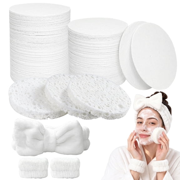 Compressed Facial Sponges White, for Facial Cleansing, Pore Exfoliating, Makeup Removal, 100 Count, with Bow Headband and Wrist Bands