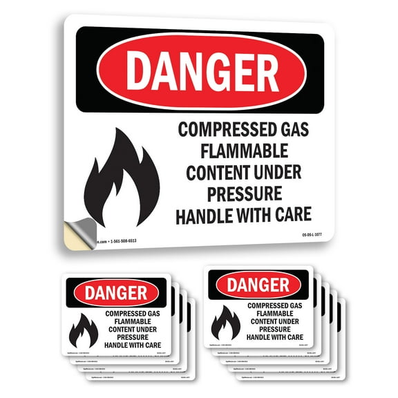 Compressed Gas Flammable Content OSHA Danger Vinyl Decal Label 10 Inch x 7 Inch - 10 Pack