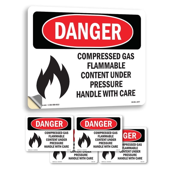 Compressed Gas Flammable Content OSHA Danger Vinyl Decal Label 7 Inch x 5 Inch - 5 Pack