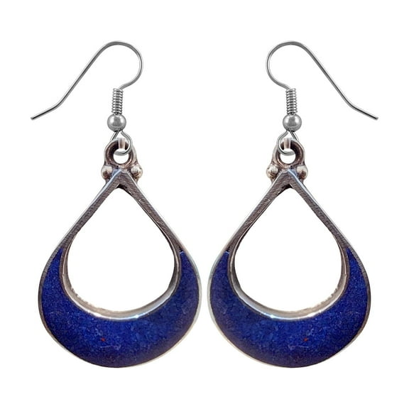 Tibetan Silver Compressed Lapis Lazuli Gemstone Inlay Pear Shape 925 Silver Plated Earring for Women