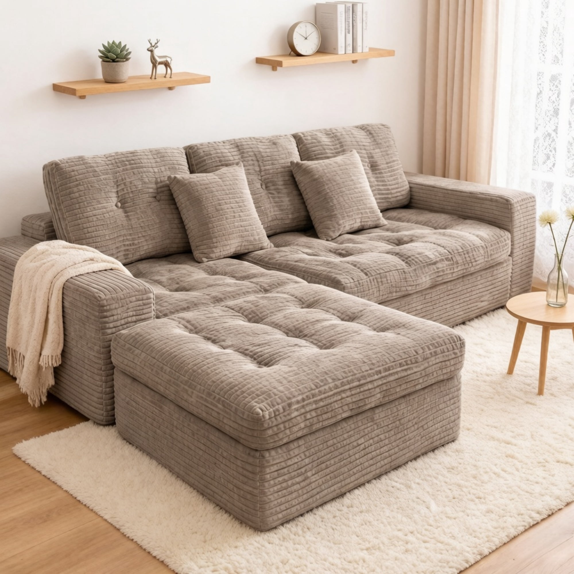 Compressed Pure Foam Boneless Sofa Set with Ottoman, Upholstered Faux Fur Tufted Couch, 3-Seater Floor Sectional Sofa