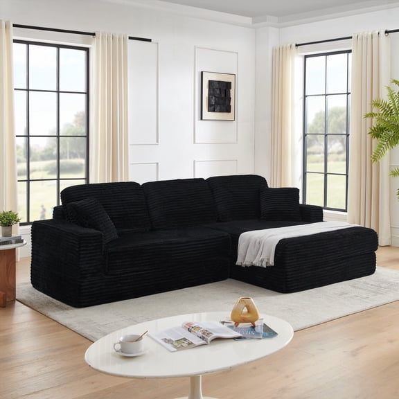 Compressed Sectional Sofa in Modern Minimalist Style, L Shape Modular Sofa for Bedroom, Unfolds to a Bed, Made of Corduroy with Soft Interior, Space-Saving - Black