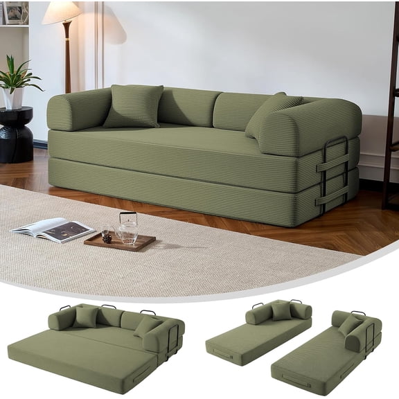 Compressed Sofa, Convertible Sofa Bed, Corduroy Compression Boneless Couch with Pillow, Comfy Modular Foldable Floor Sleeper Sofa for Bedroom, Living Room, Lounge, Studio (Light Green)