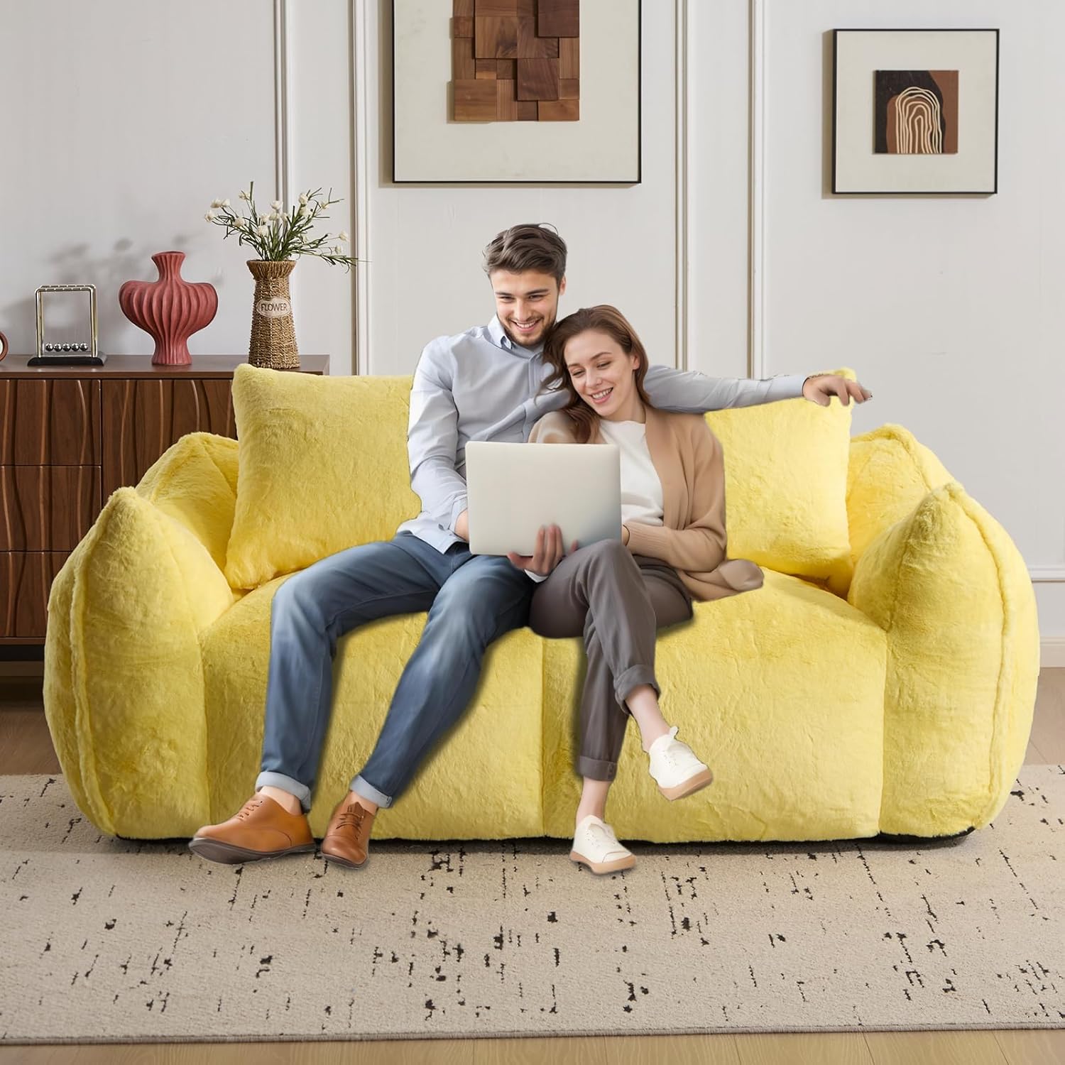 Compressed Sofa Couch in a Box, 75” Beige Plush Floor Sofa Couch with ...