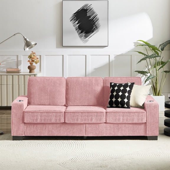 Compressed Sofa Couch Sofa with 2 Cup Holder, Modern Corduroy Fabric Sofa Cloud Couch with Side Pocke, Comfy Upholstered 3-Seater Loveseat Sofa Bed Couches for Living Room, Apartment, Pink