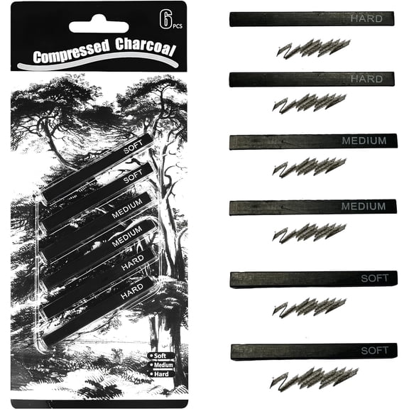 Compressed Square Vine Charcoal Sticks with 2 Soft, 2 Medium, 2 Hard 6 Pieces