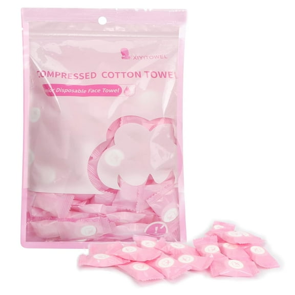 Compressed Towel 100 PCS Mini Tablets Disposable Portable Face Towel Cotton Coin Tissue Eco-Friendly for Travel, Camping, Hiking, Sport, Beauty, Home Hand Wipes, Outdoor Activities Pink