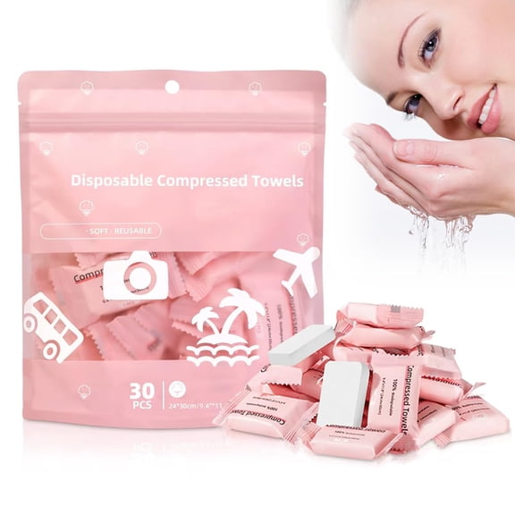 Compressed Towel Tablets Disposable Cotton Coin Tissues (Pink, 60Pcs) | Travel & Camping Use, Makeup Removal, Soft & Thick, Expandable Design, Home & Gym Use