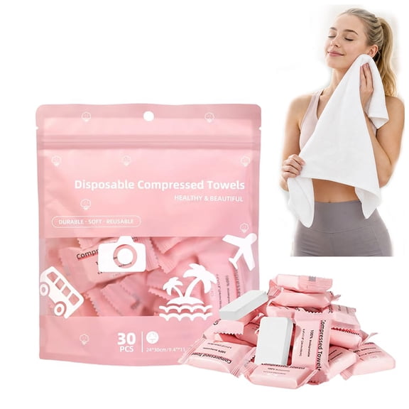 Compressed Towels – Disposable Face Towel Tablets, Cotton Coin Tissues, Soft Travel Towels for Camping Gym (30, Pink)