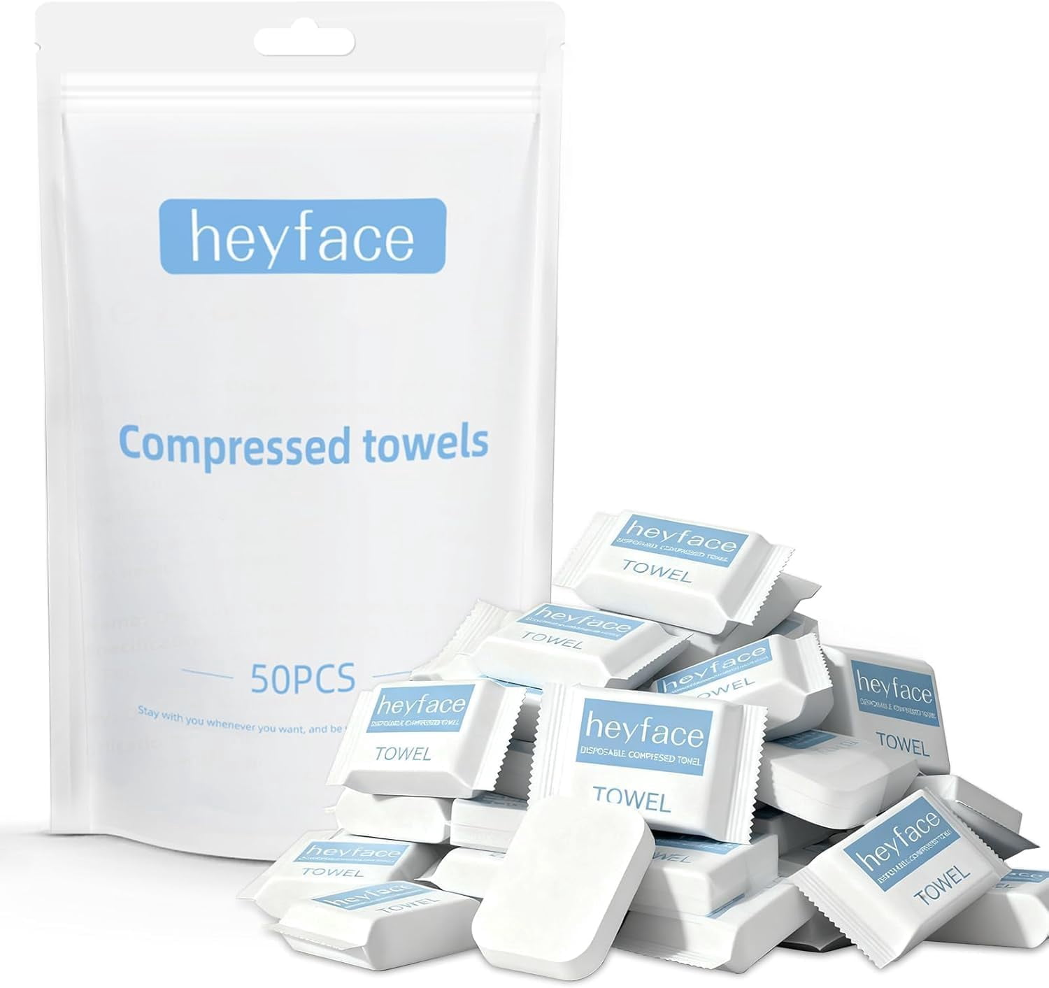 Compressed Towels Tablets (11.8" x11") 50 Bulk Set Disposable Compressed Washcloths for Travel & Camping, Soft Compressed Face Towel with Waterproof Case for Daily Use & Camping Essentials