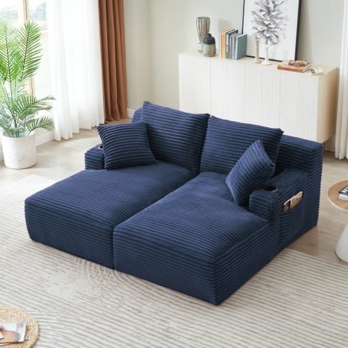 Compressible Double Chaise Lounge Sofa, Fluffy Sleeper Loveseat with Cupholders, Corduroy Fabric, Spring Padding, No Assembly Required, Blue, 2 Seat Couch for Living Room, Bedroom, Reading Nook