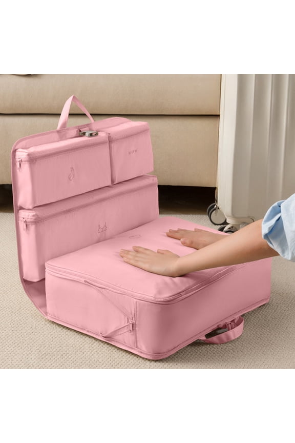Compressible Travel Storage Bag Organizer | Multi-Compartment Clothes & Undergarment Divider | Portable, Foldable Polyester, Odor-Free, Space-Saving Packing Cube | 17.7x12.6x3.1in, Pink/Beige