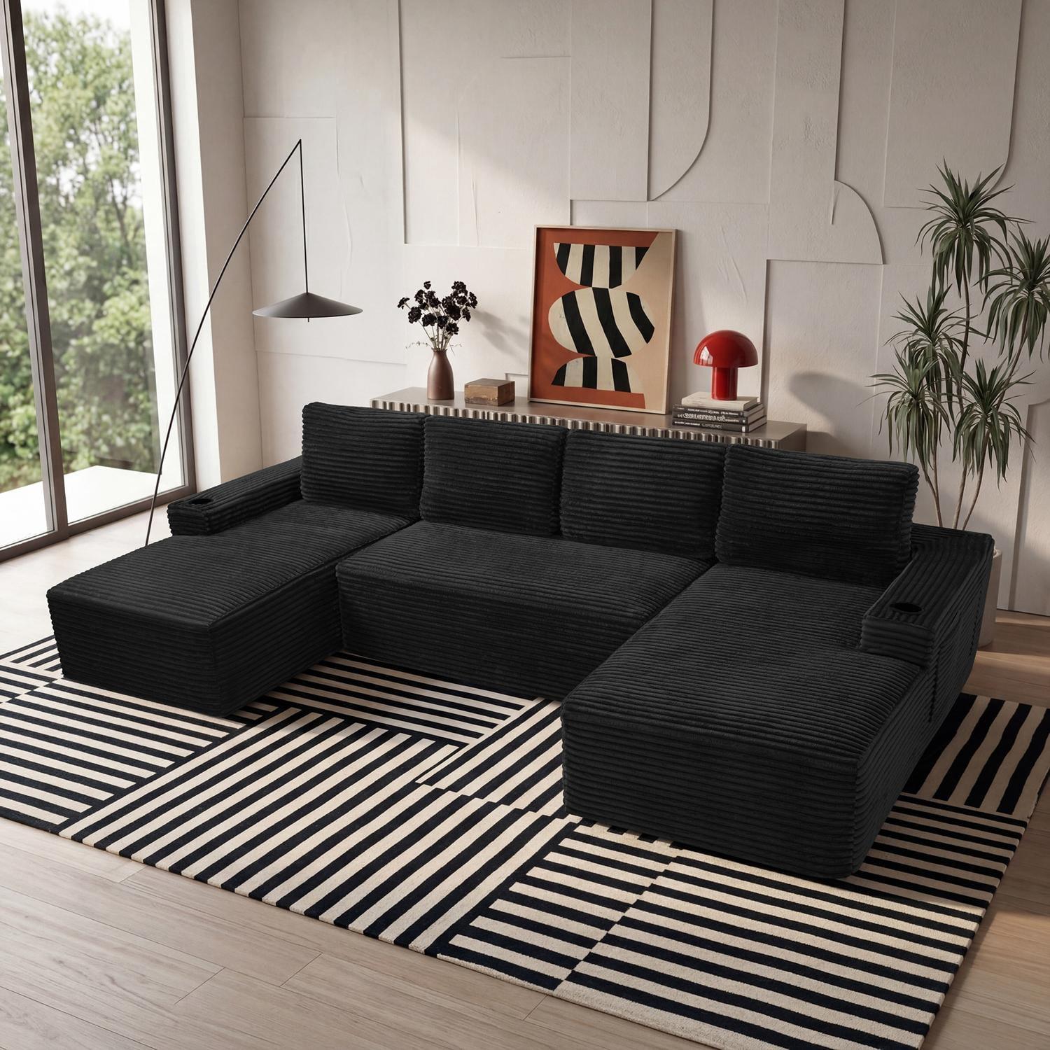 Compressible U-Shaped Sectional Sofa Set, Modern Modular Sectional Sofa with Built-in Cup Holders and Side Storage Pockets for Living Room No Assembly, Black