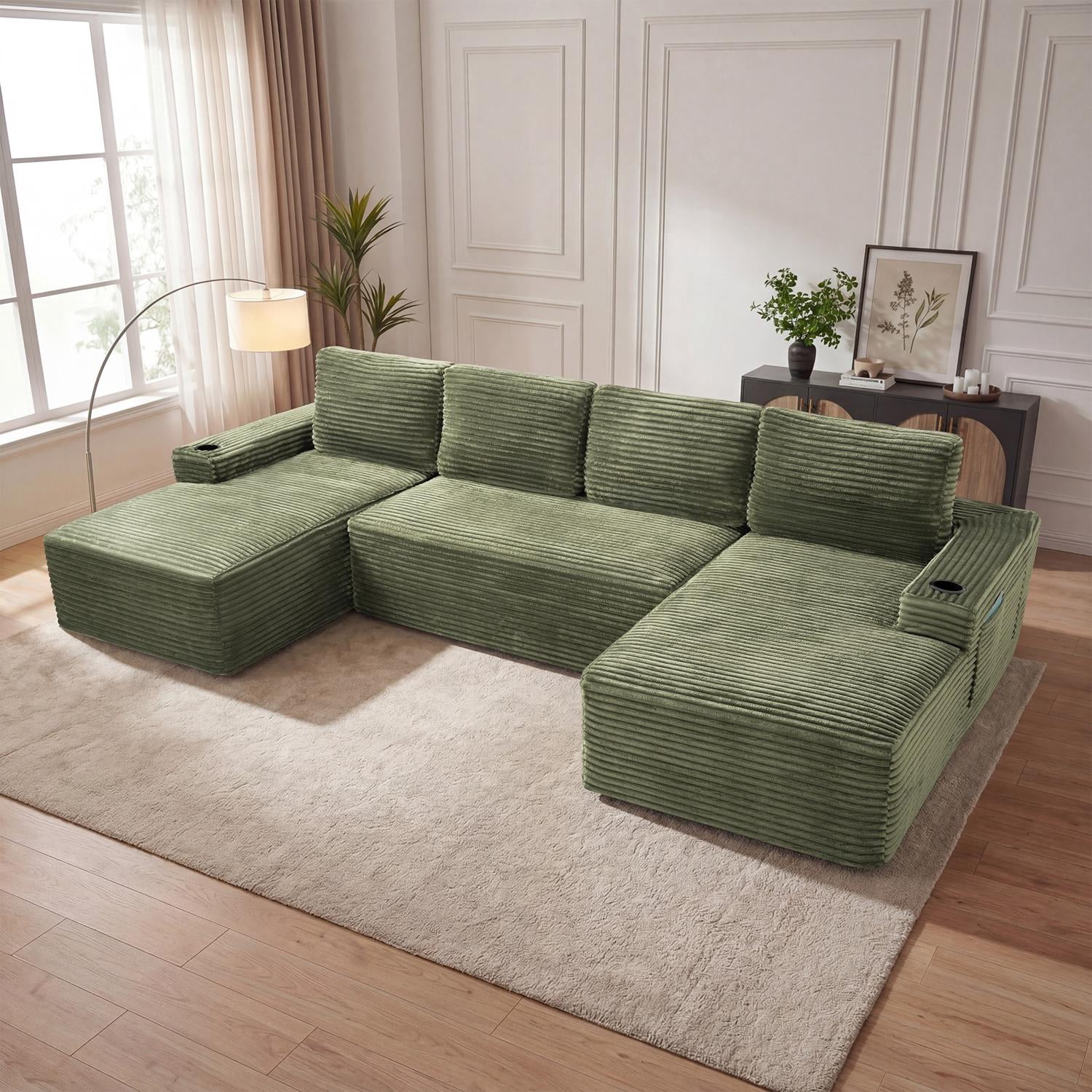 Compressible U-Shaped Sectional Sofa Set, Modern Modular Sectional Sofa with Built-in Cup Holders and Side Storage Pockets for Living Room No Assembly, Green