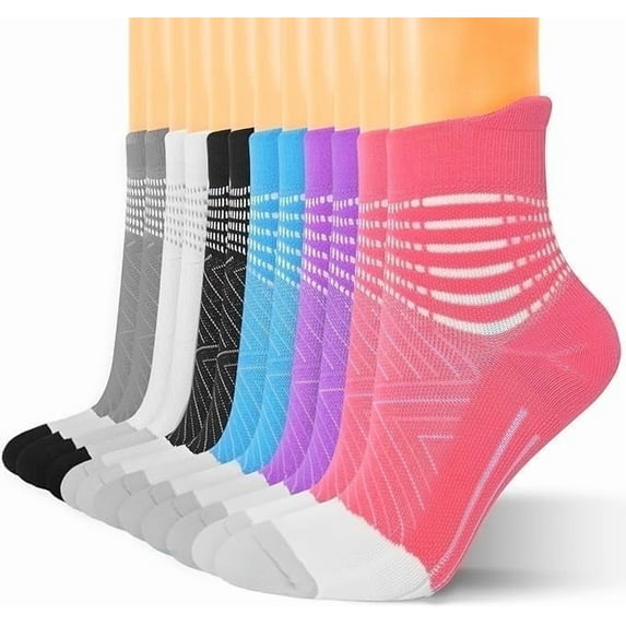 Compression Ankle Support Socks Women - Coolmax Wicking, Cushioned Athletic, Plantar Fasciitis Relief 6 Colors,6 Pairs,Large