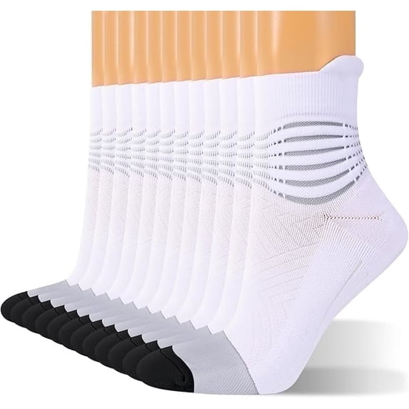 Compression Ankle Support Socks Women - Coolmax Wicking, Cushioned Athletic, Plantar Fasciitis Relief White,6 Pairs,Large