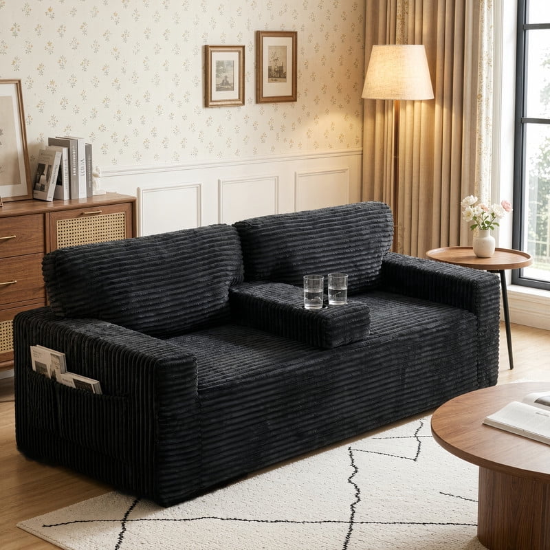 Compression Corduroy Floor Sofa No-Leg Couch, Loveseat with Built-in Cup Holders and Side Storage Pocket