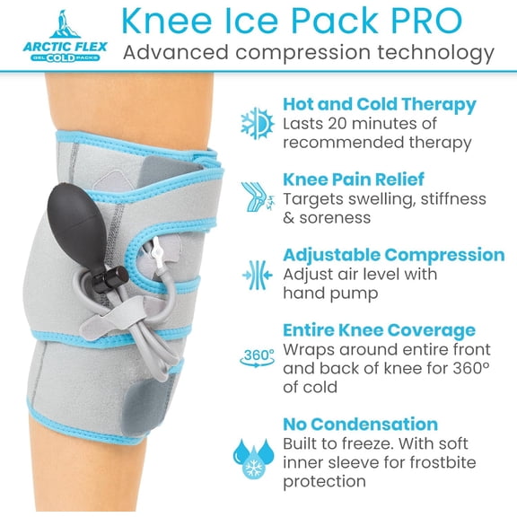 Compression Knee Ice Wrap - Reusable Brace with Air Pump - Hot/Cold Therapy for Men, Women, Pain Relief, Swelling and Recovery Support - Adjustable and Inflatable Pack for Sports Injury Sprains