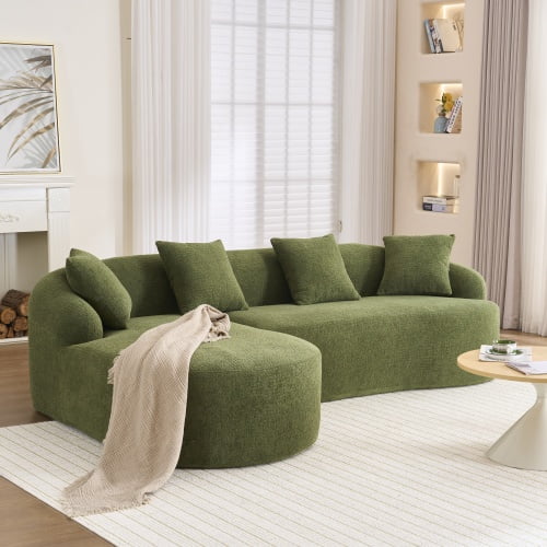 Compression L-Shape Sectional Sofa with Curved Chaise, Modular Chenille Boneless Couch, 30D High-Density Foam, Minimalist Sleeper Sofa for Living Room, Bedroom, Apartment, Antique Green