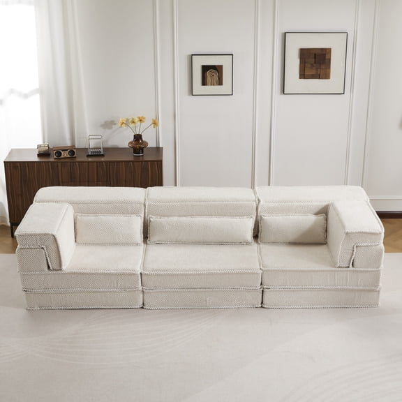 Compression Mahjong Sofa,Convertible Floor Sofa Bed,DIY Boneless Modular Sectional Sofa,No Assembly Required,Circle Fleece Fabric,Oversized 3 Seater with 3 Pillows (White)