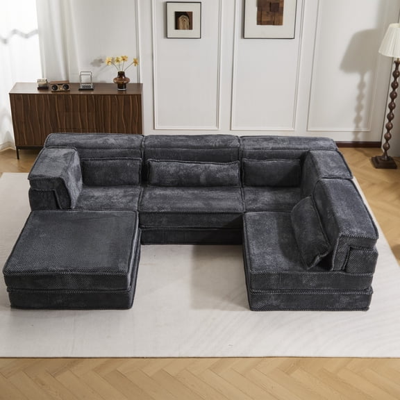 Compression Sofa,Convertible Floor Sofa Bed,DIY Boneless Modular Sectional Sofa,No Assembly Required,Circle Fleece Fabric,Oversized 4 Seater with 1 Ottoman (Gray)