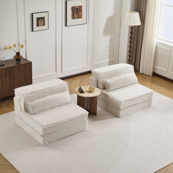 Compression Mahjong Sofa,Convertible Floor Sofa Bed,DIY Boneless Modular Sectional Sofa,No Assembly Required,Circle fleece fabric,Oversized 2 Seater with 2 Pillows,White