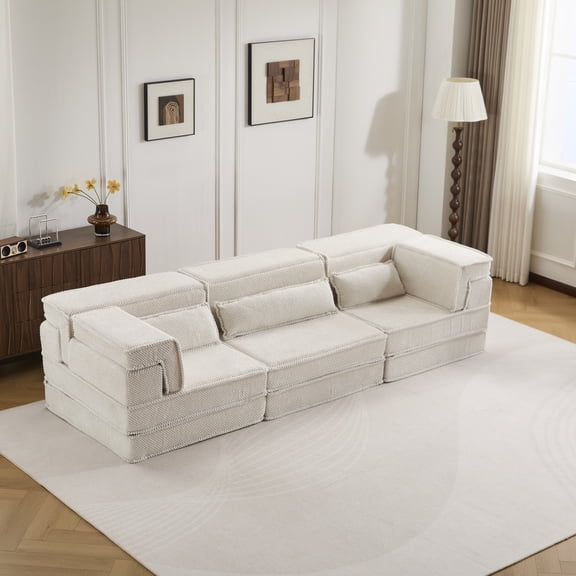 Compression Mahjong Sofa,Convertible Floor Sofa Bed,DIY Boneless Modular Sectional Sofa,No Assembly Required,Circle fleece fabric,Oversized 3 Seate