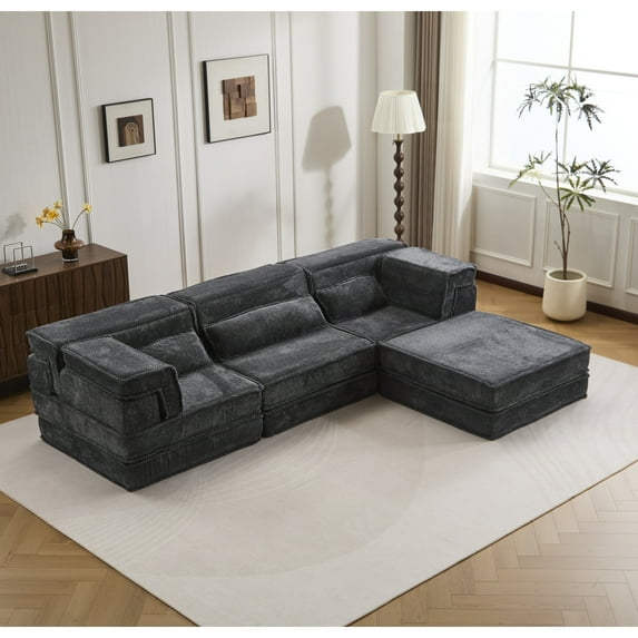 Compression Mahjong Sofa,Convertible Floor Sofa Bed,DIY Boneless Modular Sectional Sofa,No Assembly Required,Circle fleece fabric,Oversized 3 Seater with 3 Pillows,White