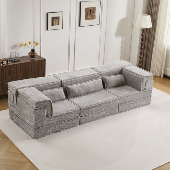 Compression Mahjong Sofa,Convertible Floor Sofa Bed,DIY Boneless Modular Sectional Sofa,No Assembly Required,Circle fleece fabric,Oversized 3 Seater with 3 Pillows,Light-Grey