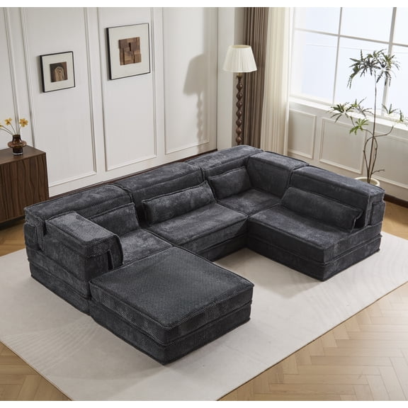 Compression Mahjong Sofa,Convertible Floor Sofa Bed,DIY Boneless Modular Sectional Sofa,No Assembly Required,Circle fleece fabric,Oversized 4 Seater with 1 Ottoman,Dark-grey