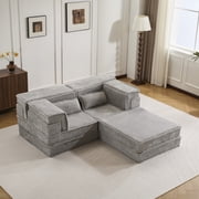 Compression Mahjong Sofa,Convertible Floor Sofa Bed,Diy Boneless Modular Sectional Sofa,No Assembly Required,Circle Fleece Fabric,Oversized 2 Seater with 1 Ottoman,Light-Grey