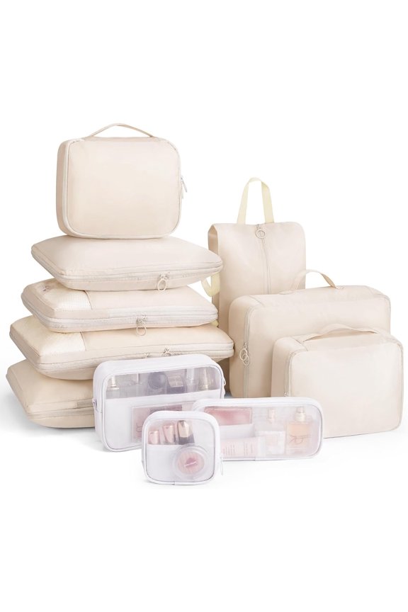 11 count Compression Packing Cubes for Travel, Expandable Suitcase Organizer Bags Set for Carry Luggage, Essential Travel Accessories for Clothes, Beige