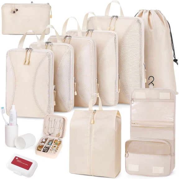 Compression Packing Cubes 12 Set, Suitcase Organizers, Extendable Packing Cubes, Luggage Organizer Bags, Travel Essentials, Beige