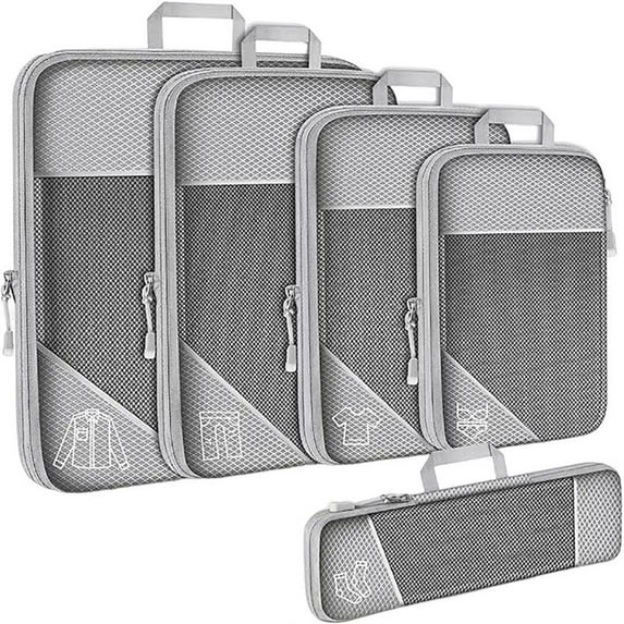 Compression Packing Cubes, 5pcs See Through Mesh Compression Packing Cubes w/Shoe Bag, Travel Compression Bags with Double Zipper & Handle for Suitcases Luggage Packing Organizer for Travel Grey