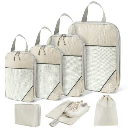 Compression Packing Cubes, 7 Set Travel Organizer Bags for Luggage with Shoe Bag, Expandable Storage for Suitcases Travel, Beige