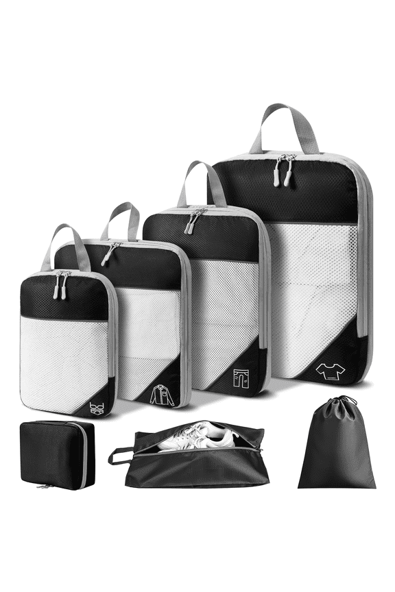 Compression Packing Cubes, 7 Set Travel Organizer Bags for Luggage with Shoe Bag, Expandable Storage for Suitcases Travel, Black
